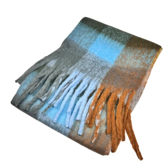 NEW Large Chunky Scarf Wool Mohair Multi Plaid Thick Fuzzy Long Fringe Winter - Picture 10 of 11